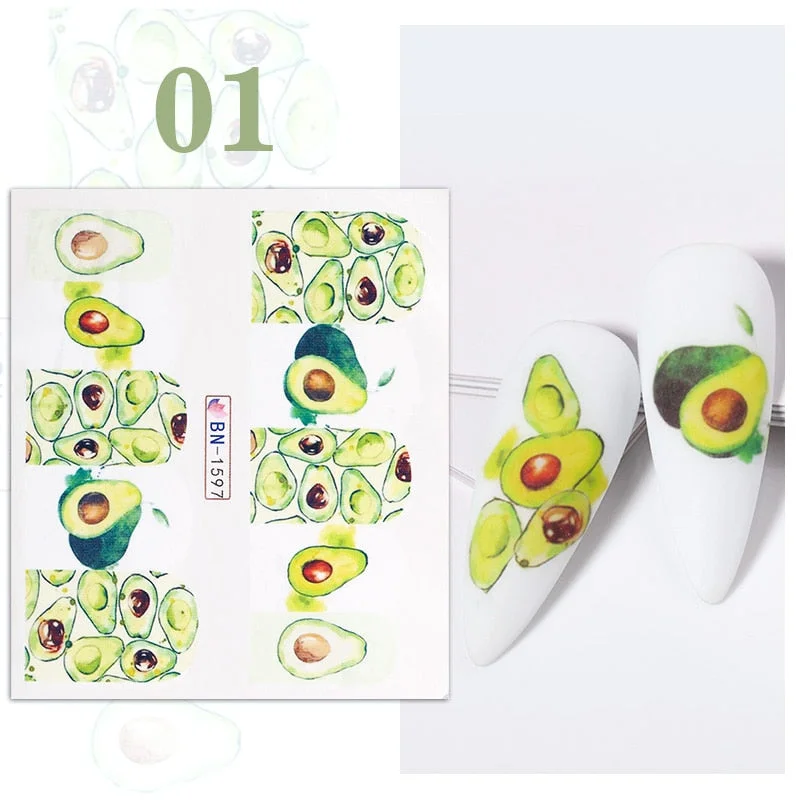 1PC Avocado/Watermelon/Orange Nail Stickers Summer Fruit Leaves Transfer Decals Sliders For Nails DIY Decoration Manicures