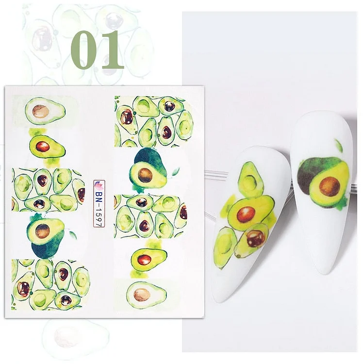 1PC Avocado/Watermelon/Orange Nail Stickers Summer Fruit Leaves Transfer Decals Sliders For Nails DIY Decoration Manicures