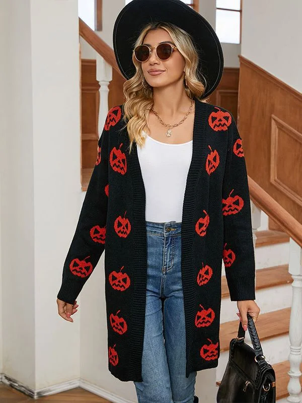 Athvotar Athvotar Sweater For Women's Casual Halloween Pumpkin Head With Long Coat Knitted Cardigan