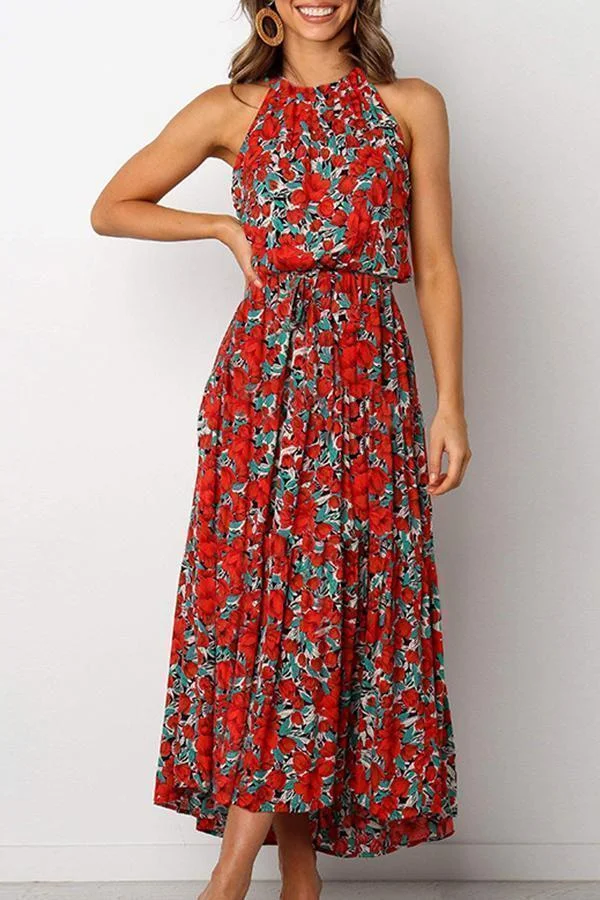 Womens Halter Neck Print Lace-Up Dress-Allyzone-Allyzone