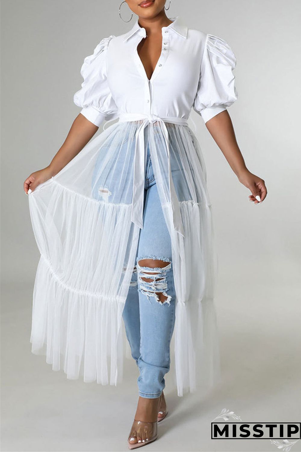 Yellow Fashion Casual Solid Patchwork Mesh Turndown Collar Shirt Dress