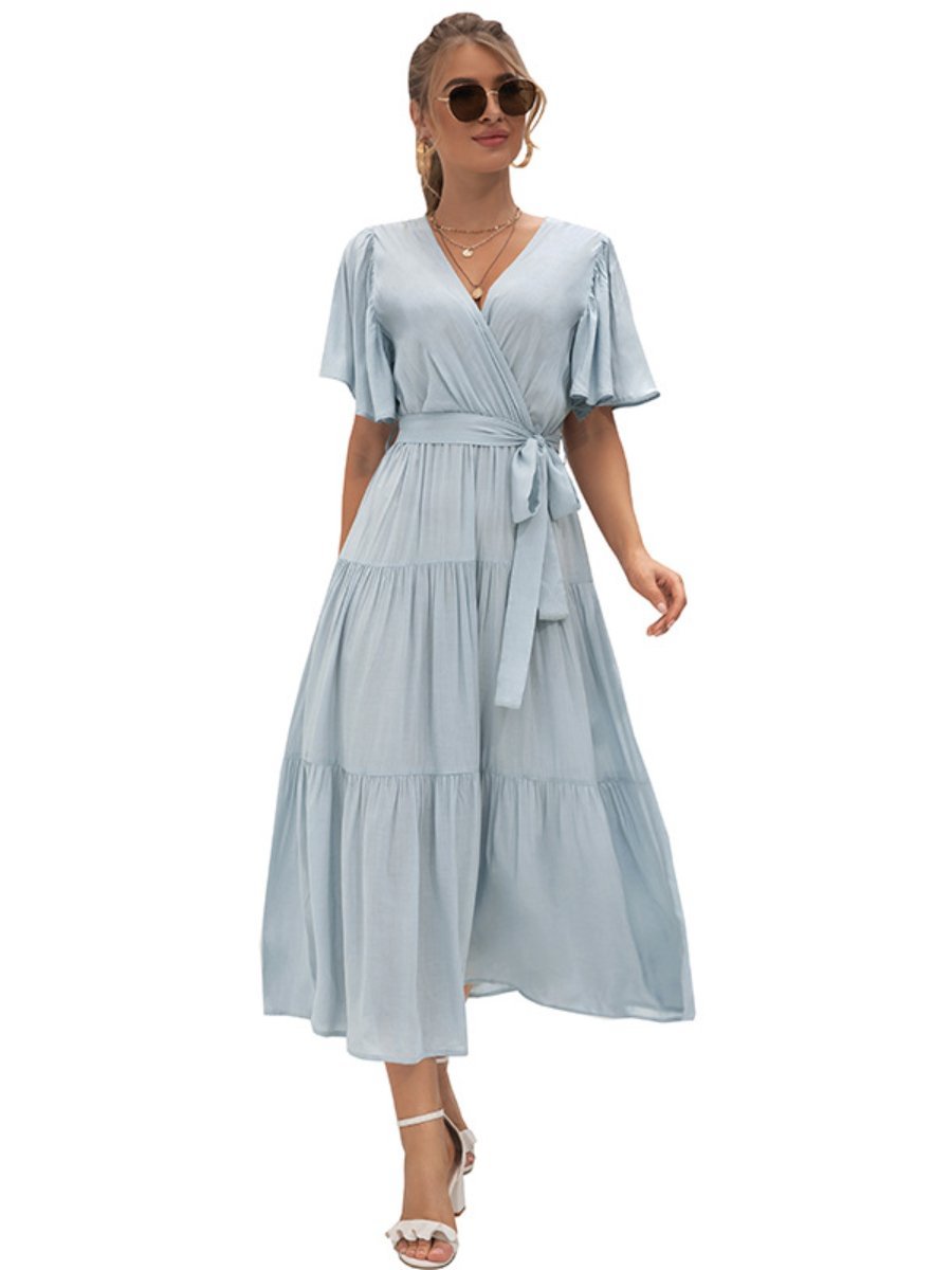 Women's Casual Dresses Wrap V-Neck Ruffle Short Sleeve Tie Waist Maxi Dresses