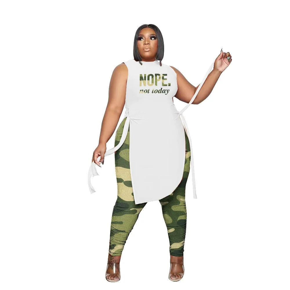 Casual Plus Size Women Clothing Two Piece Outfits Sleeveless Round Neck Bandage Crop Tops Pants Sets Wholesale Drop Shipping