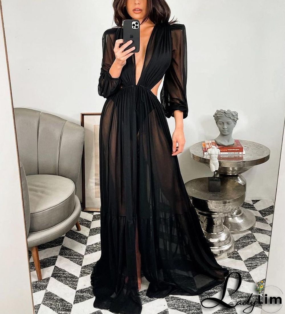 Black Solid Color Tie Sun-proof Belt Sexy V Neck Cover Up