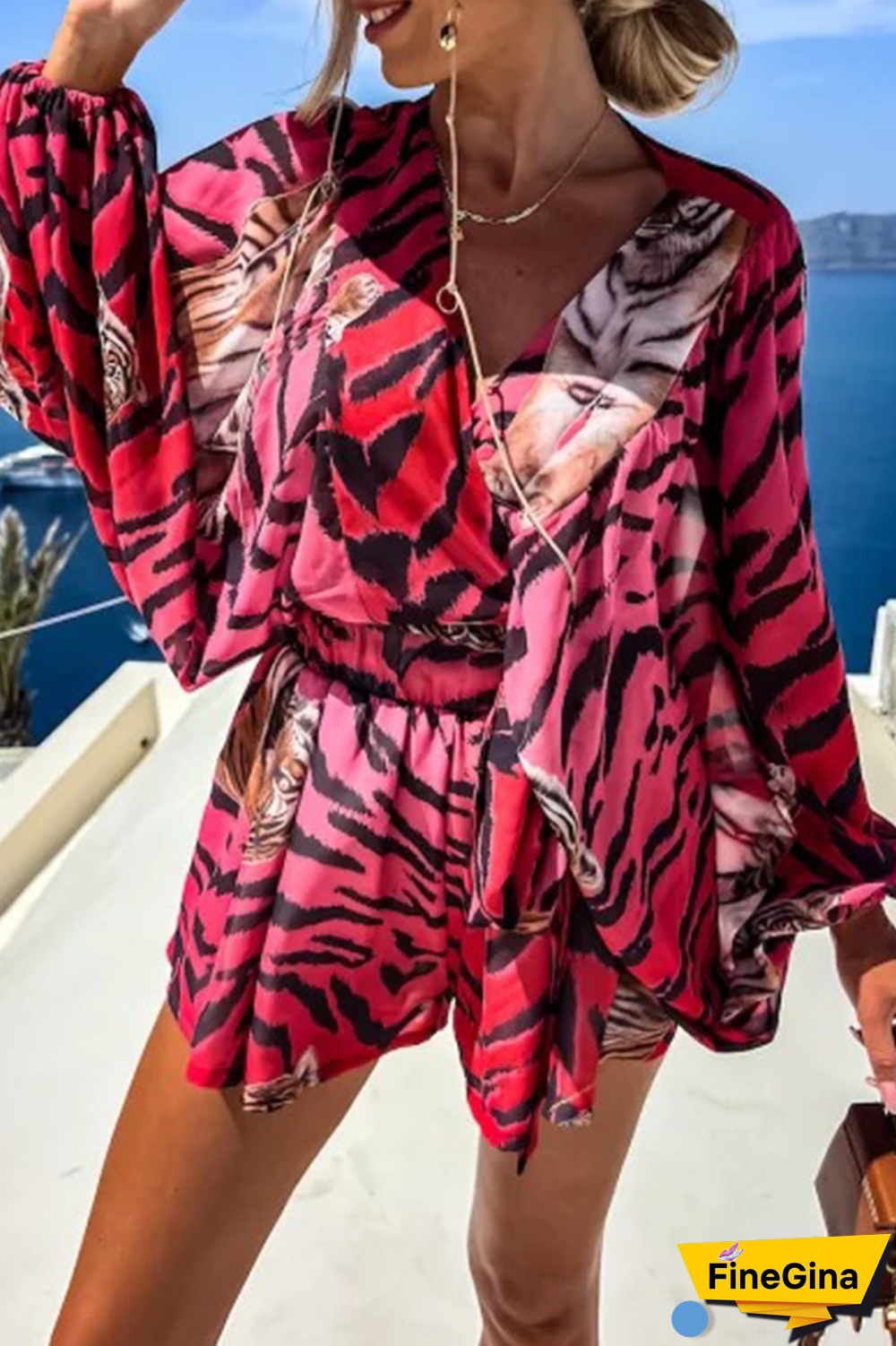 Street Print Split Joint V Neck Cake Skirt Dresses(4 colors)