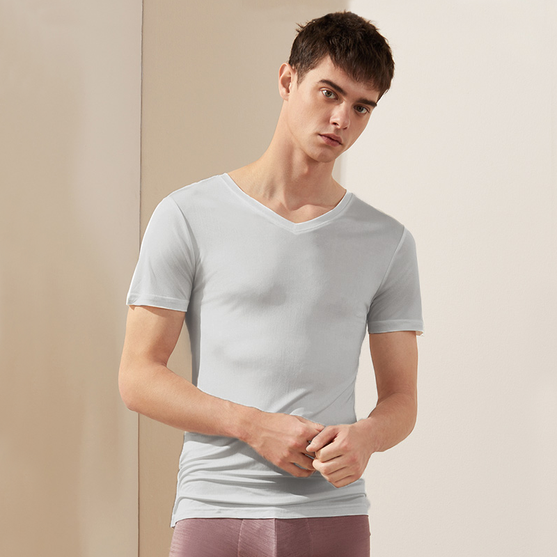 V-neck Plain Color Men's Silk T-shirts REAL SILK LIFE