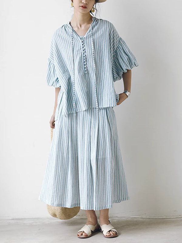 V Neck Bubble Sleeve Shirt  Striped Skirts Two Piece Set