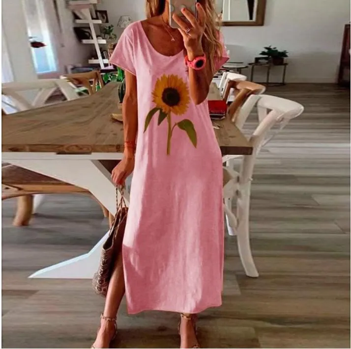 Sunflower 3D Print Split Summer Autumn Dress Women Elegant 2020 White Long Sleeve Plus Size Maxi Dresses for Women Vestidos