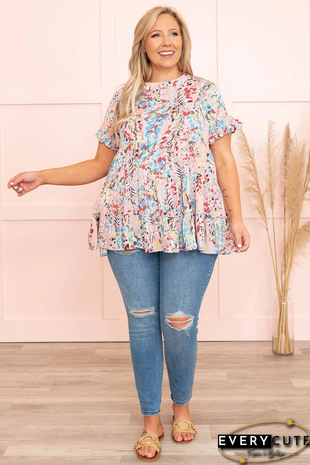 Pink Floral Print Tiered Ruffled Plus Size Blouse