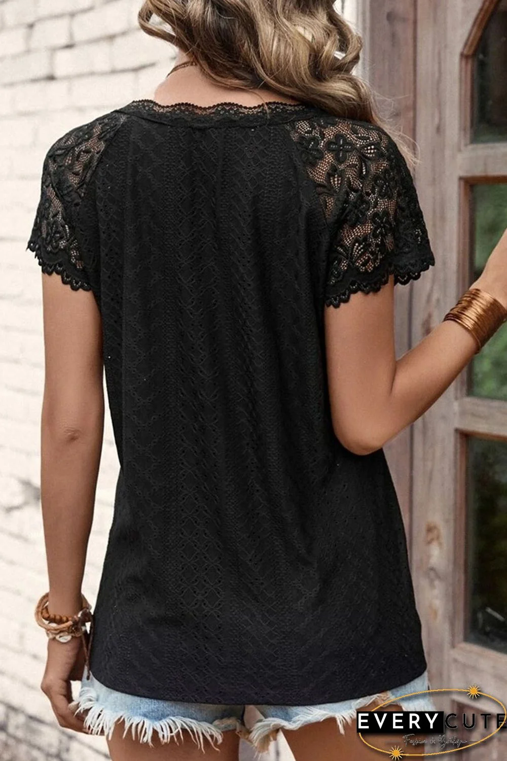 Black Lace Short-Sleeve Scalloped V-Neck Top