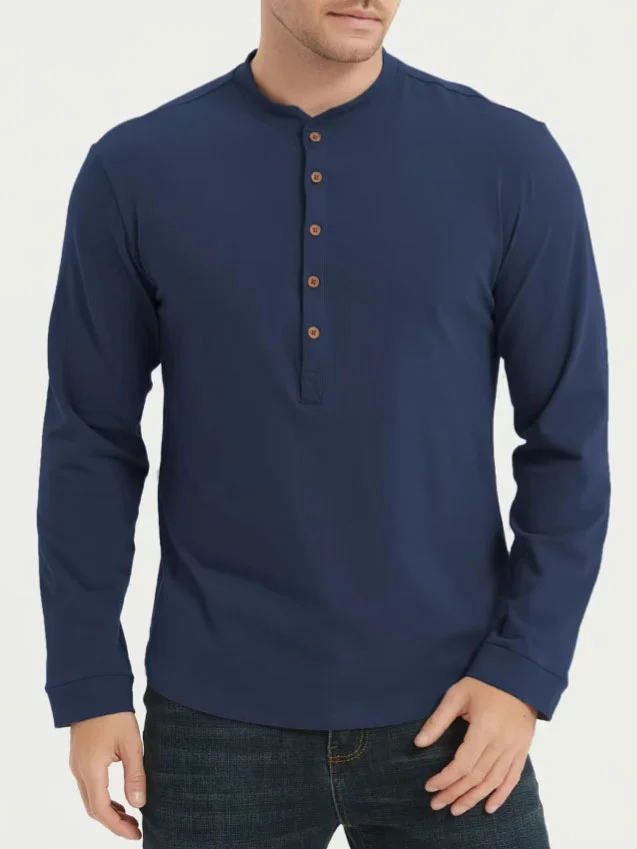 Men's Fashion Solid Color Button Stand-up Collar Henley Shirt
