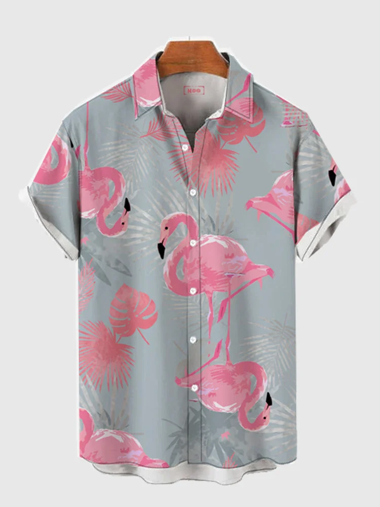 Full-Print Hand Painted Creative Tropical Flamingo Printing Men's Short Sleeve Shirt