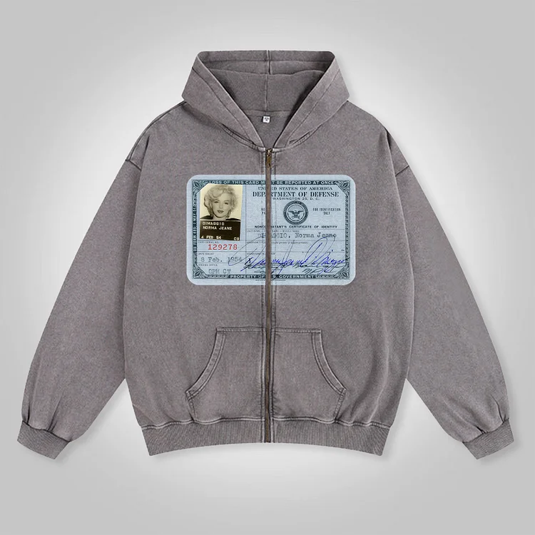 Vintage Id Graphic Acid Washed Oversized Zip-Up Hoodie
