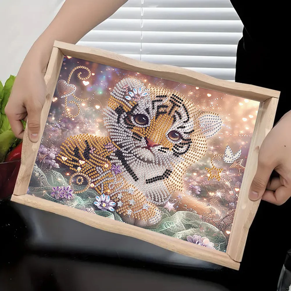5D DIY Tiger Diamond Painting Wooden Serving Tray with Handle for Desk