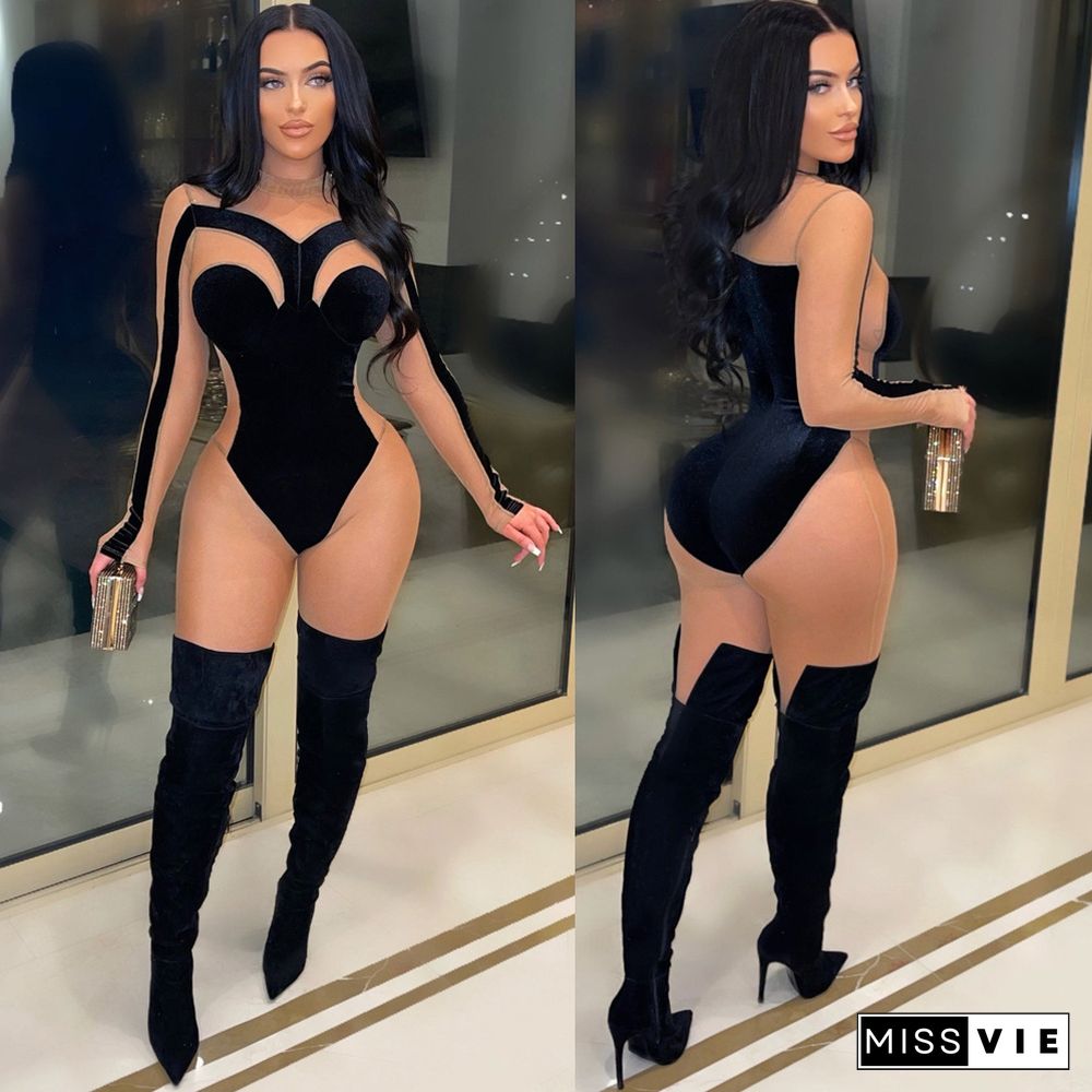 Sheer Mesh Patchwork Velvet Skinny Jumpsuit