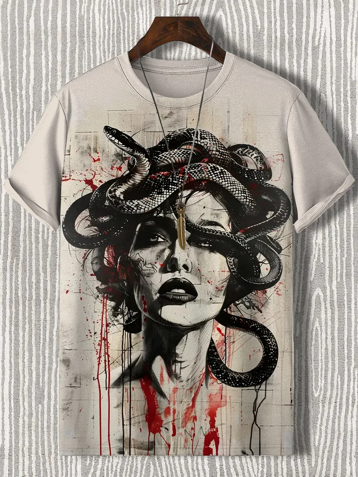 Men's Medusa Splash Ink Art Print Casual T-Shirt