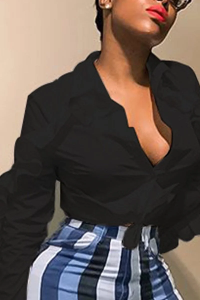 Fashion Casual Loose Ruffles Sleeve Solid Tops