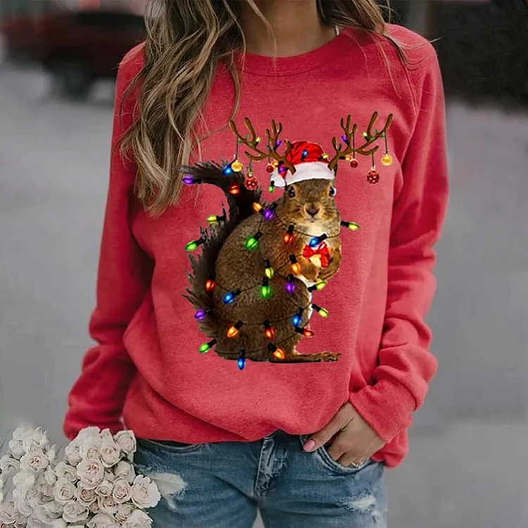 Comstylish Funny Squirrel Lights Print Sweatshirt