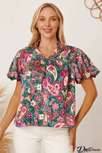 Floral Collared Neck Short Sleeve Blouse