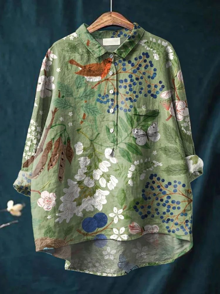 Women's  Vintage Flower Print Casual Cotton And Linen Shirt