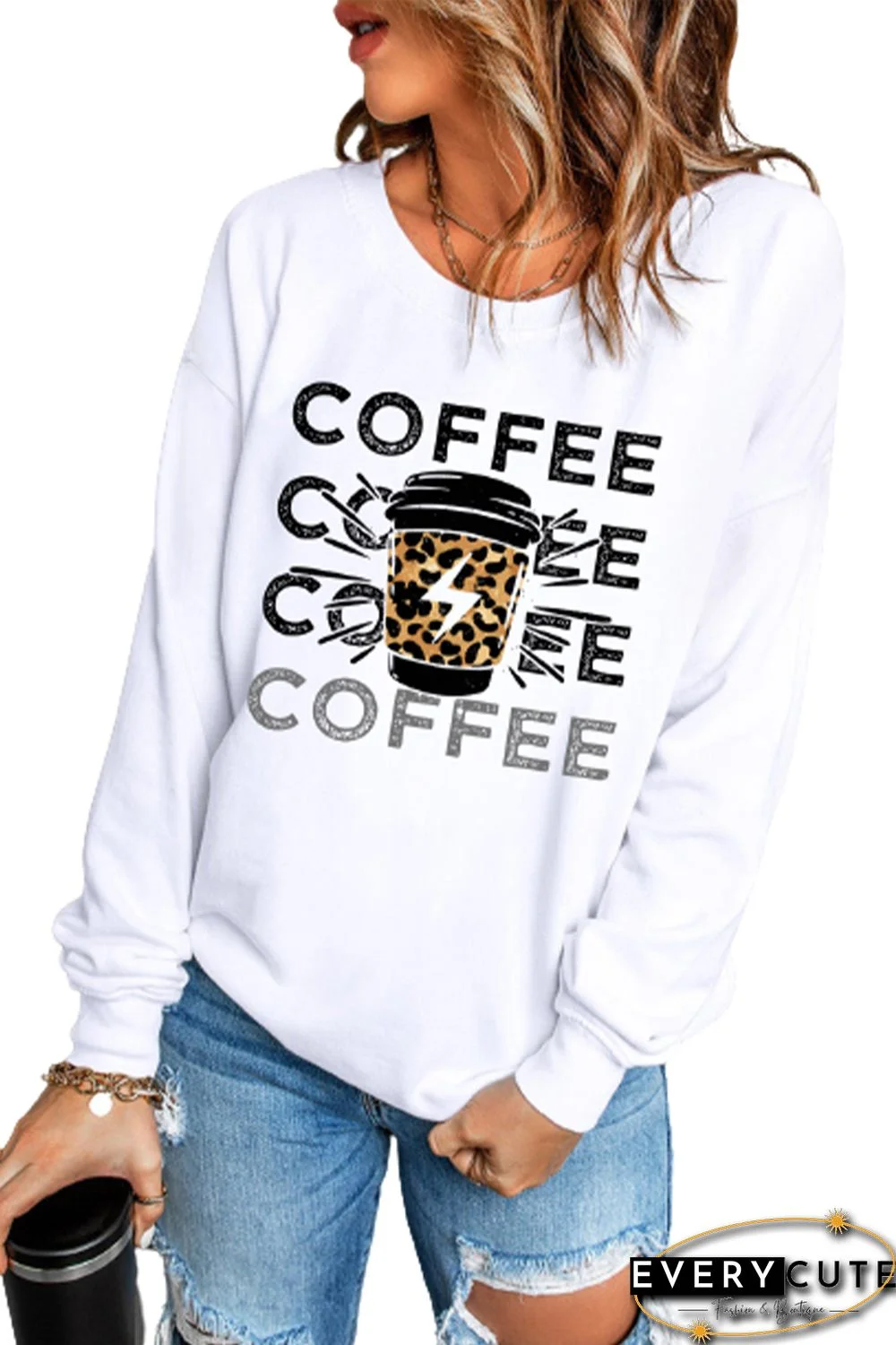 White COFFEE Figure Print Long Sleeve Sweatshirt