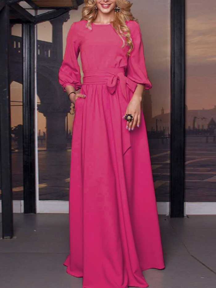 Summer new style women's round neck belt lantern sleeve long dress dress