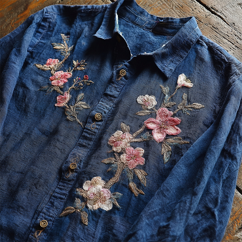 Boho Flower Embroidered Men's Linen Long Sleeve Shirt  artssus