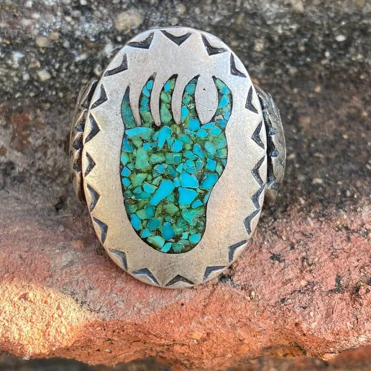 Old Navajo Ring with Turquoise Chip Mosaic in Sterling Silver Size 11 1/2