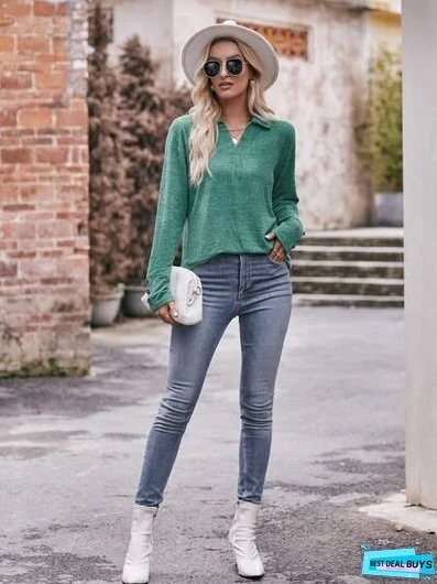 Decorative Button Johnny Collar Long Sleeve Blouse