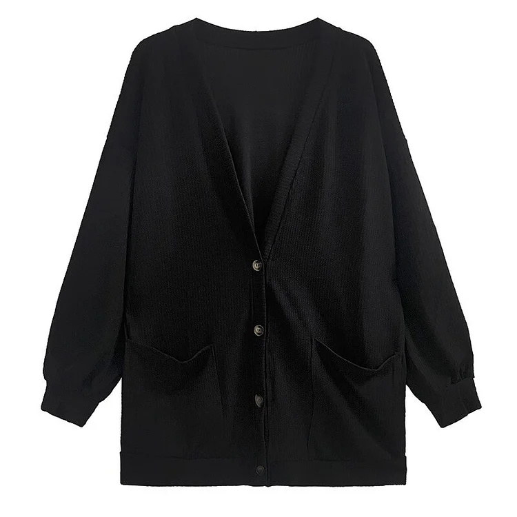 Simple Loose Black V-neck Single-breasted Pockets Long Sleeve Cardigan 