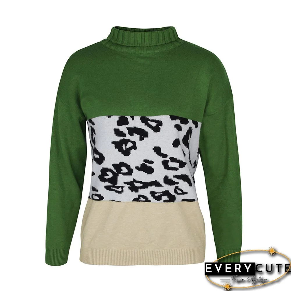 Green Colorblock Splice Leopard High Neck Sweater