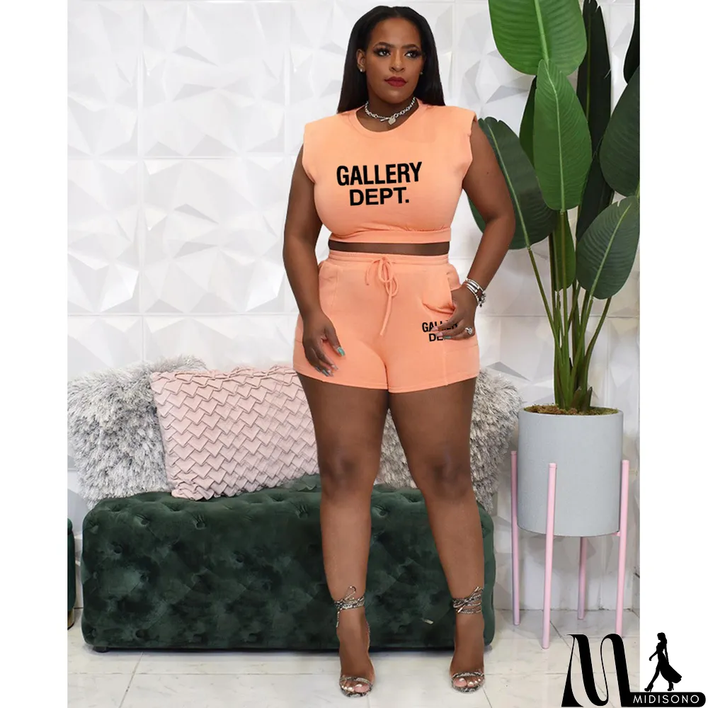 MidiSono - Plus Size Ladies Solid Letter Printed Shoulder Pads Top and Shorts Two Piece Set