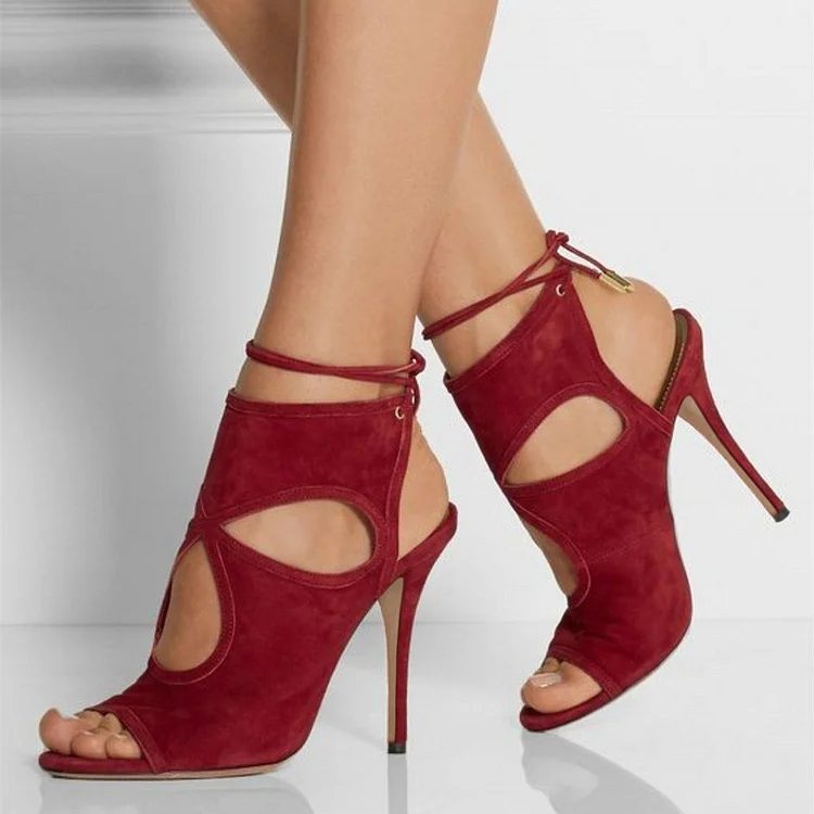 Burgundy Heels Suede Cutout Slingback Stiletto Heel Sandals |FSJ Shoes