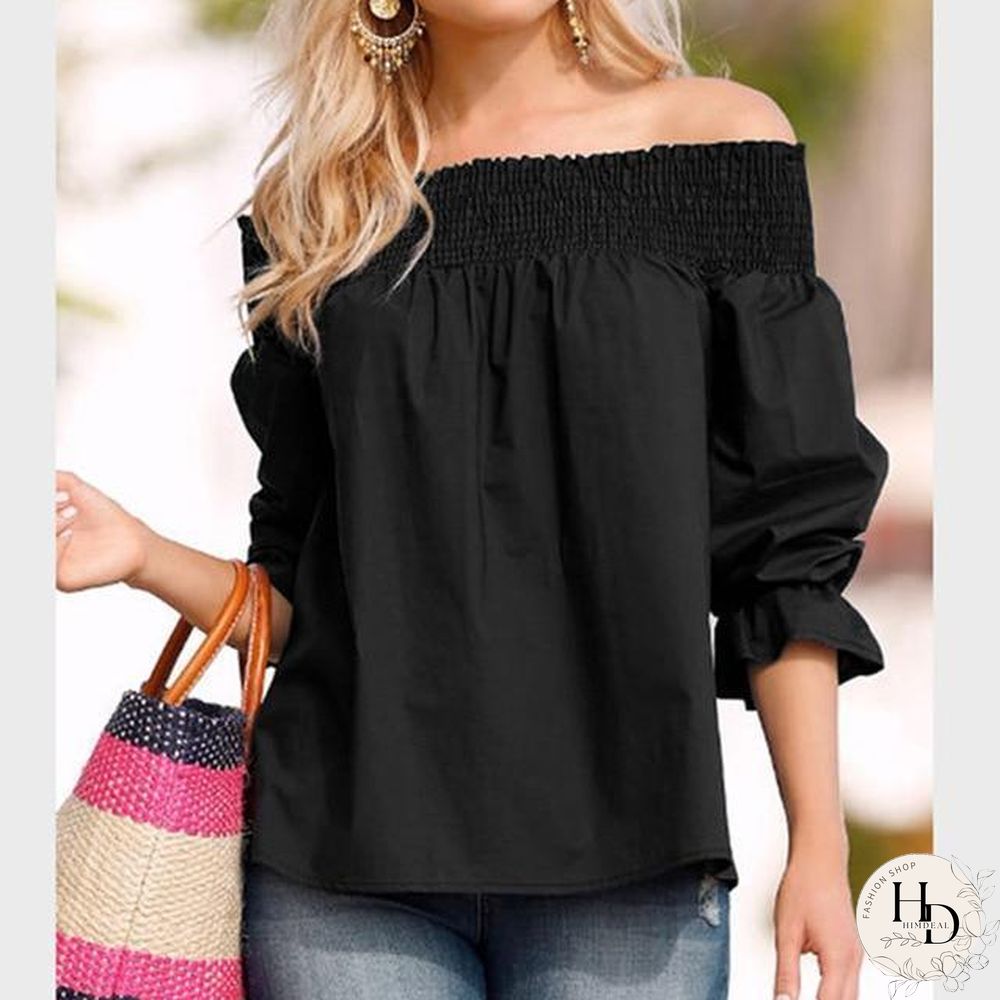 Women Sexy Off Shoulder Strapless Bowknot Slash Neck Shirts Casual Loose Plus Size Blouse Tops