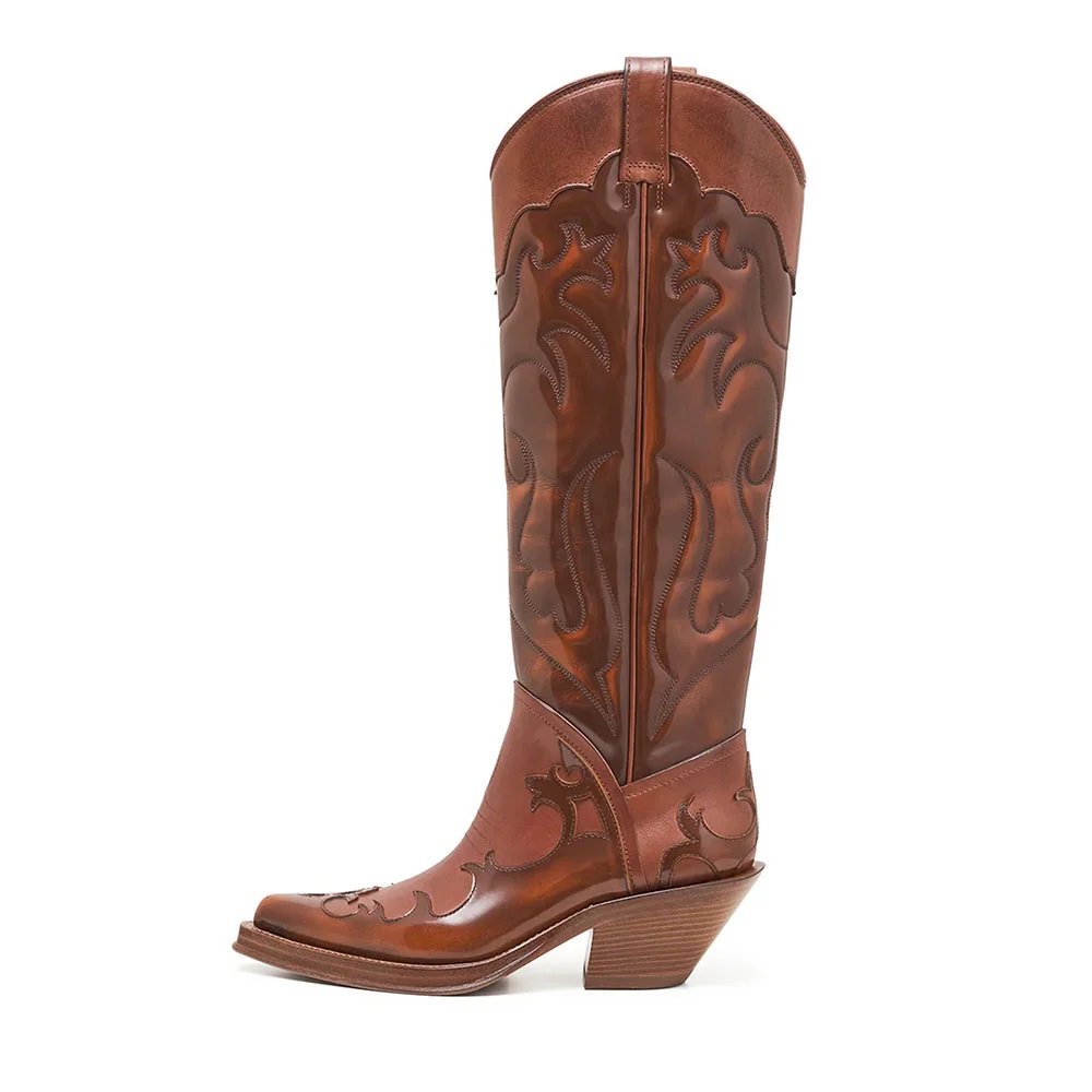 Brown Pointed Toe Chunky Heel Stitching Pull On Cowgirl Boots