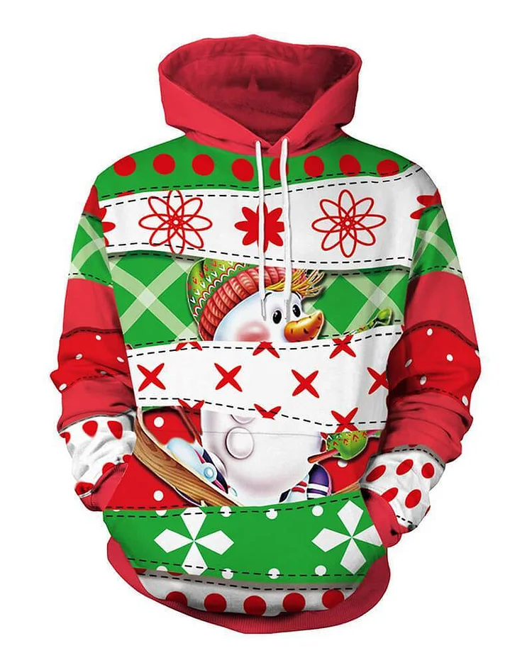 Mayoulove Green Red Unisex Christmas Snowman Snowflake Printed Pullover Hoodie-Mayoulove
