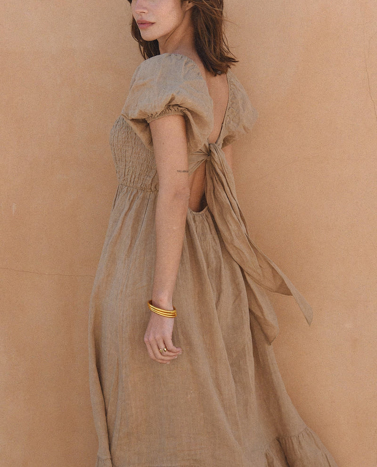 Square Neck Tiered Skirt Puff Sleeve Linen Dress