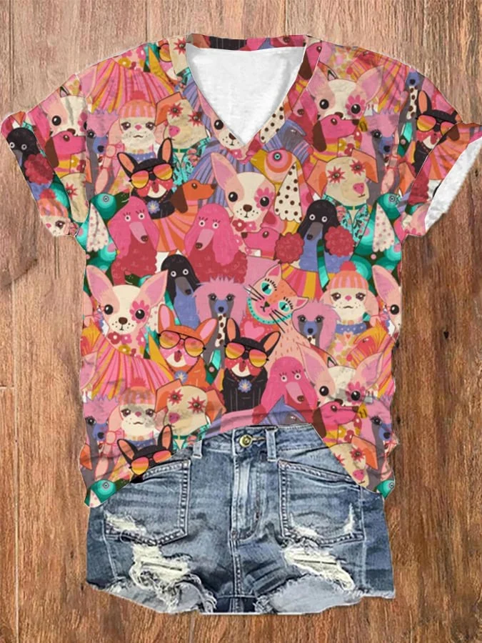 Women's Funny Colorful Dogs Print V-Neck T-Shirt