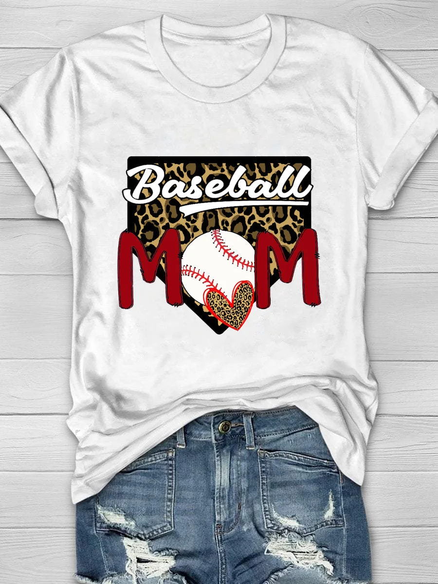 Baseball Mom Leopard Print Short Sleeve T-Shirt
