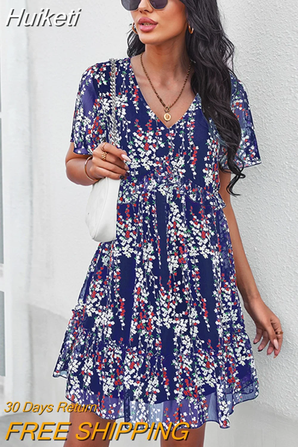 Huiketi Sexy V Neck Floral Dress Women Short Sleeve High Waist Print Dresses Ladies Summer Chiffon Dress