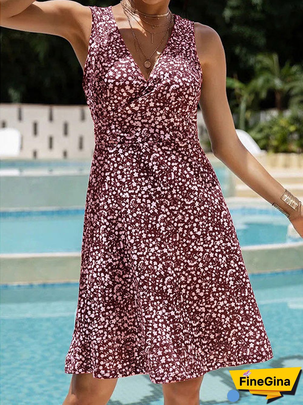 Women'S Dresses V-Neck Floral Lace-Up Sleeveless Dress