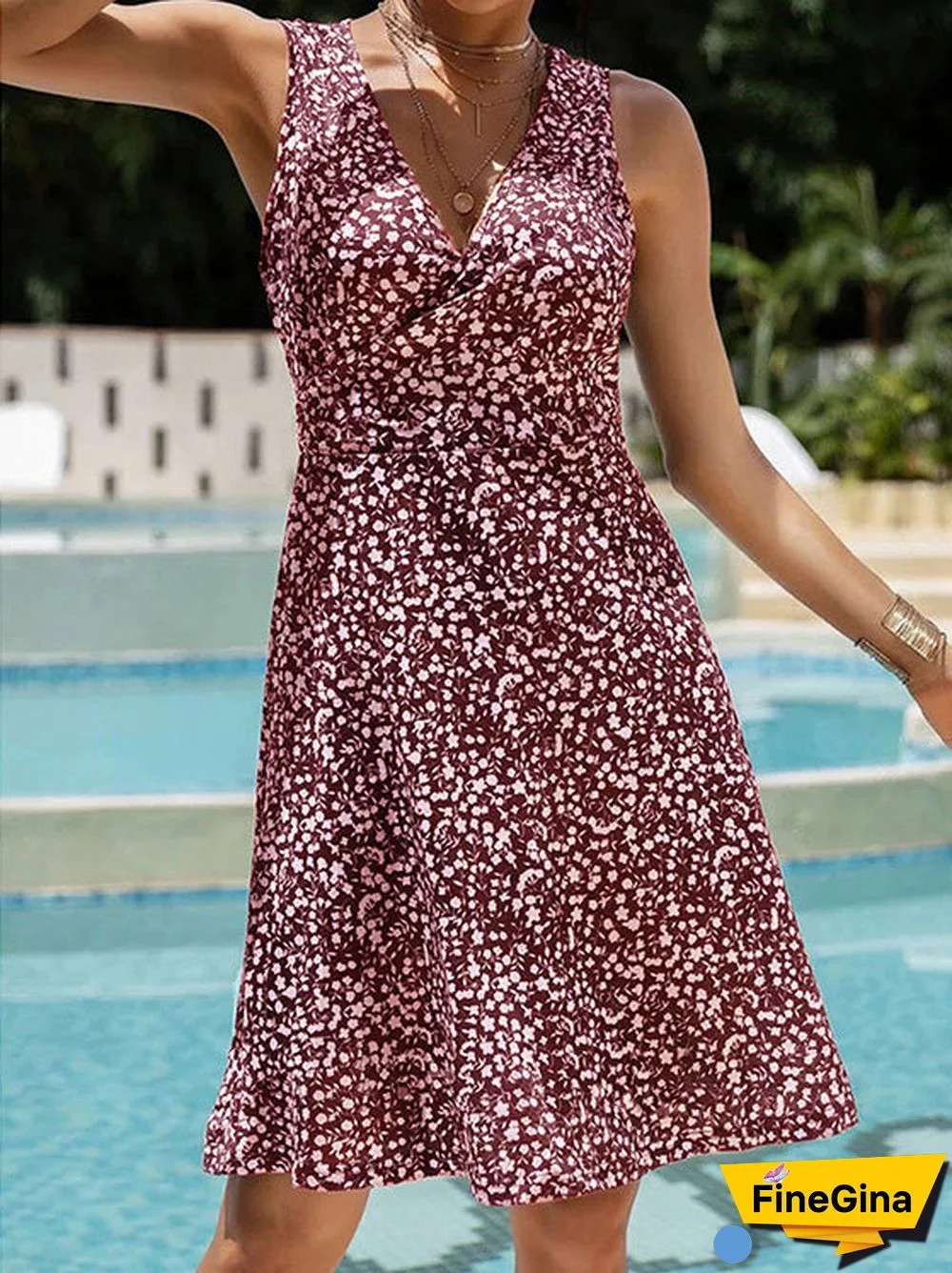 Women'S Dresses V-Neck Floral Lace-Up Sleeveless Dress