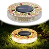 Outdoor LED Solar Lights Waterproof Mini Flat Solar Disc Light with Sturdy Ground Stakes Mosaic Landscape Lightning for Garden Walkway Driveway