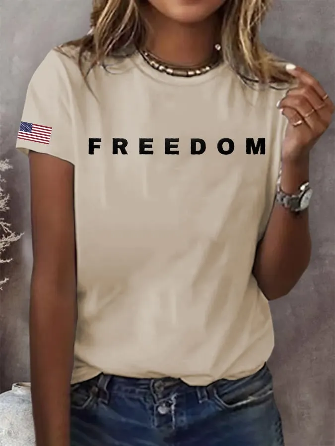 Women's Freedom American Flag Print Casual T-shirt