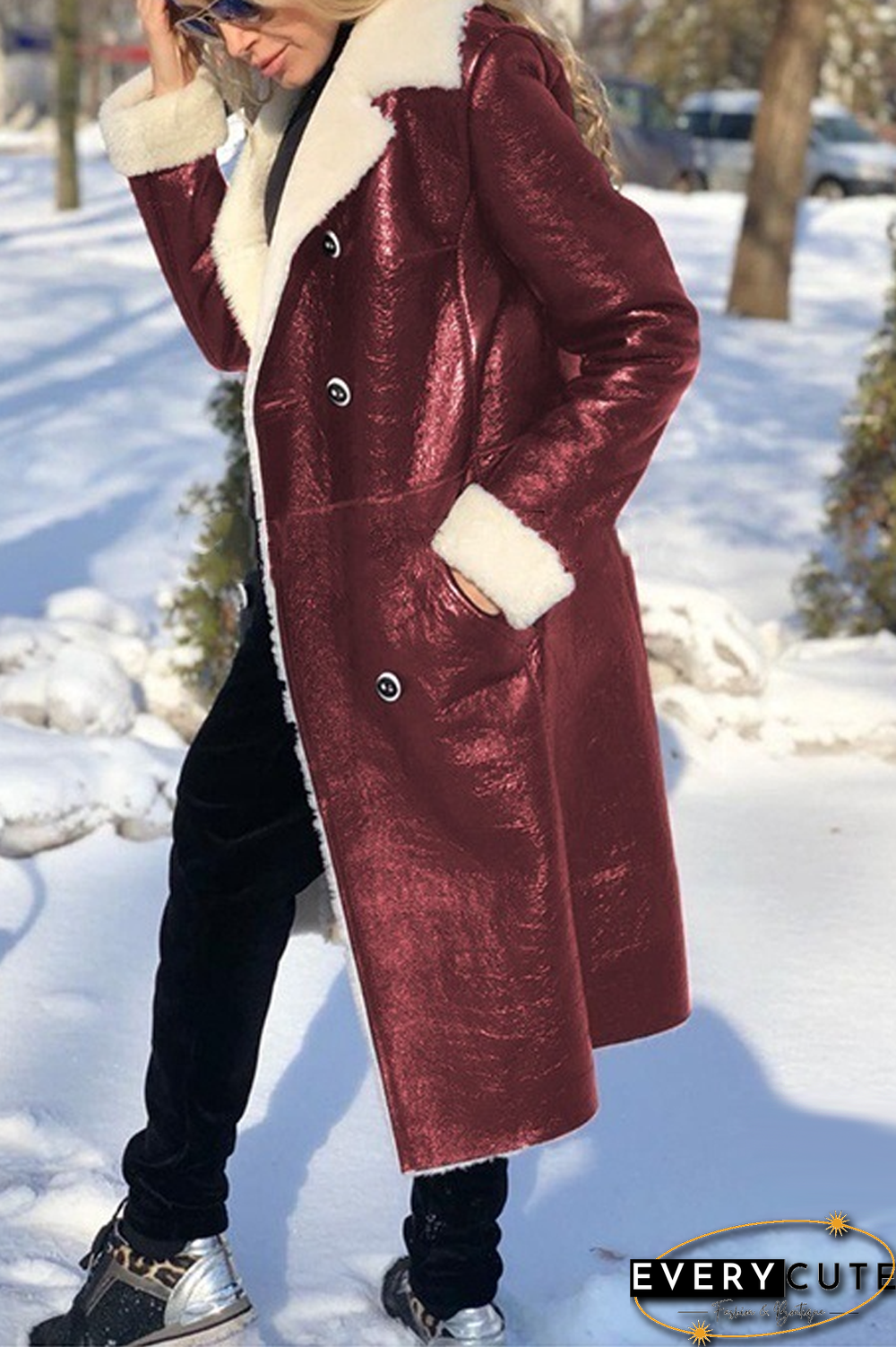 PU Fluffy Solid Color Long Coat