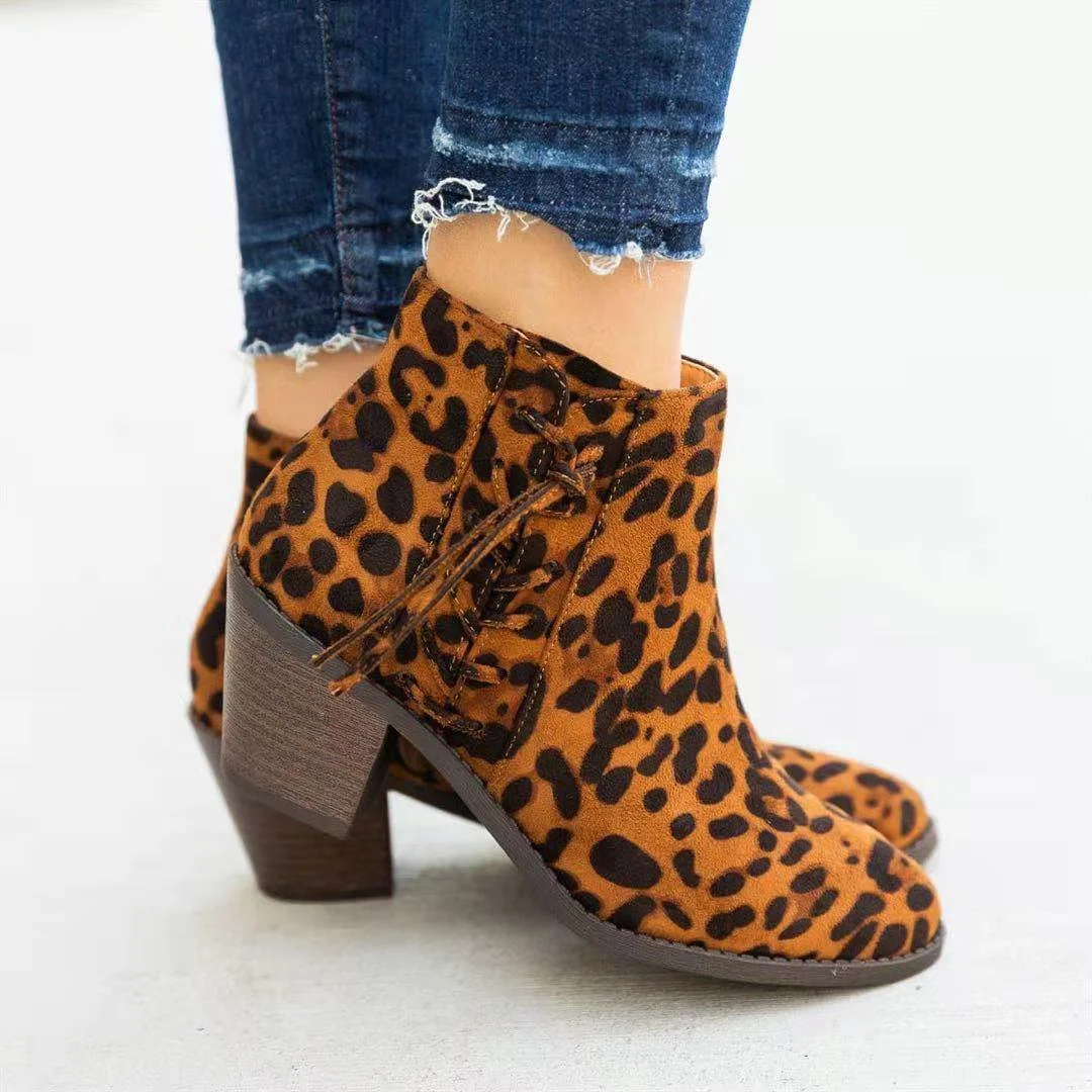 Qengg Leopard Print Women Boots Fashion Warm Ladies Ankle Boots Round High Heel Short Boots Side Zipper Female Boots