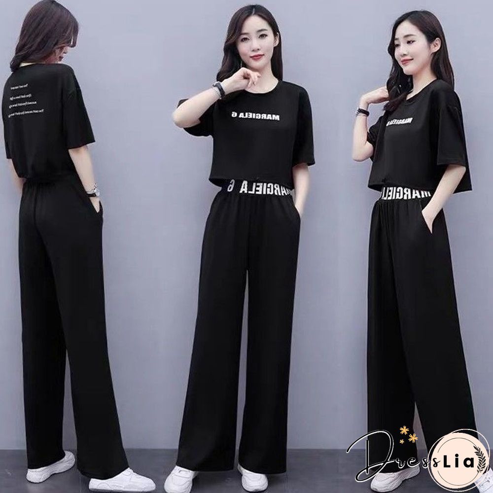 Leisure Sweat Suits Women Matching Summer New Fat Sister Loose Foreign Style Top Wide Leg Pants Two Piece Set Plus Size Clothing