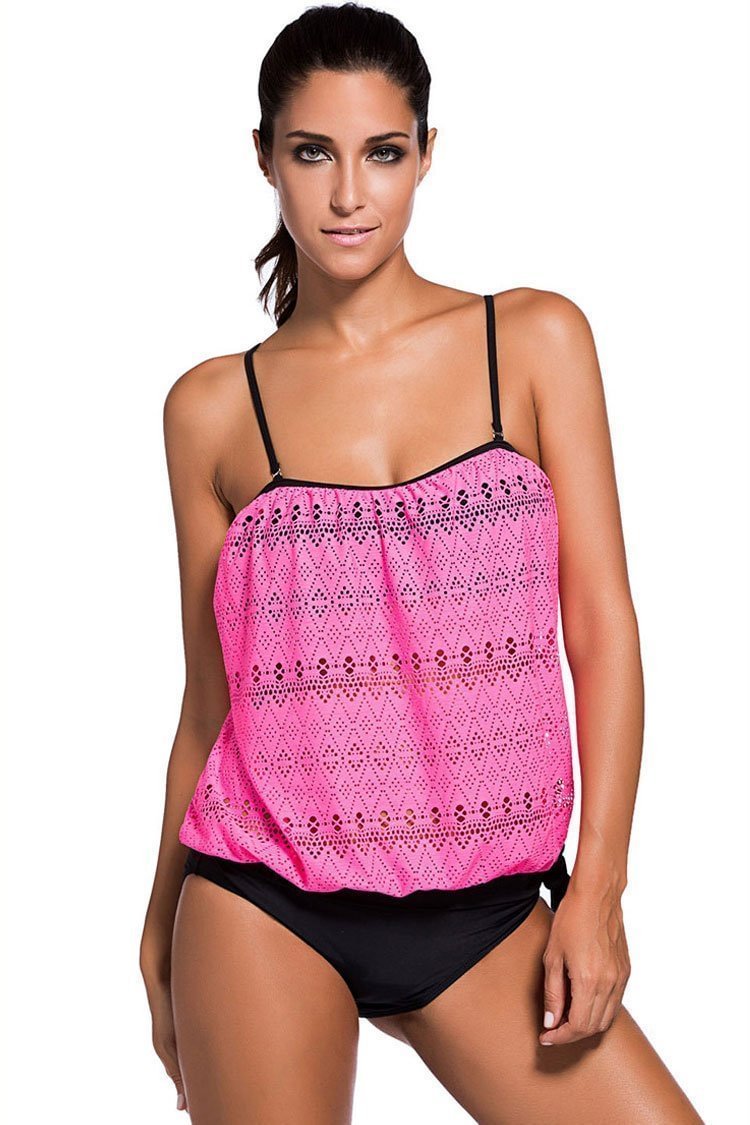 Lace Overlay Knotted Tankini - Two Piece Swimsuit-elleschic