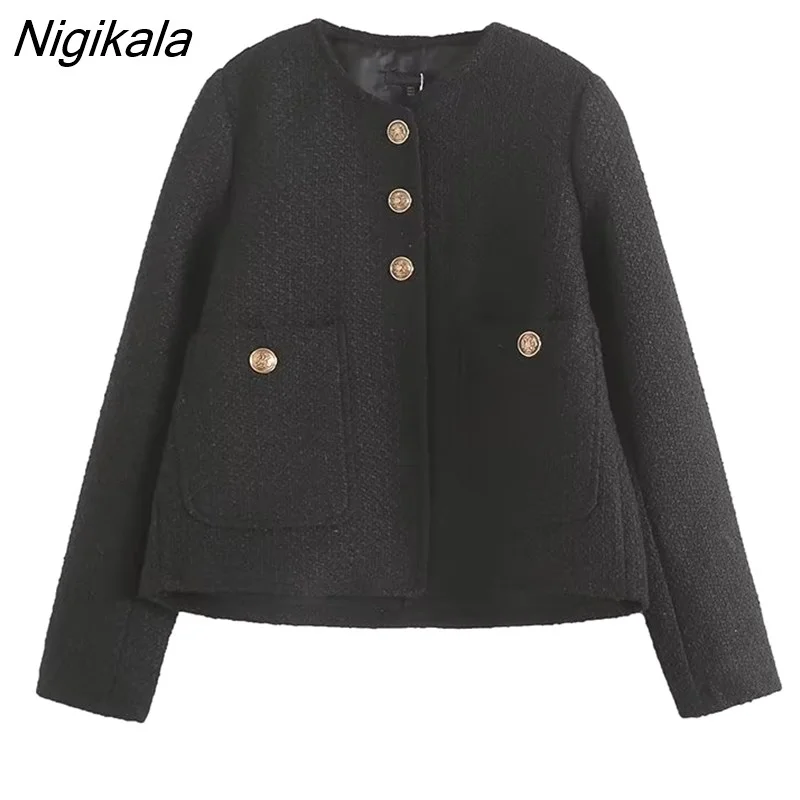 Nigikala 2022 Autumn Women Long Sleeve Buttons Tweed Crop Jacket Coat Vintage Pockets Slim Simple Casual Female Short Outerwear