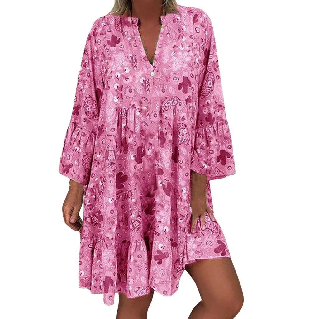 Plus Size Dress Women 5XL Loose Floral Print Long Sleeve V-Collar Button Party Mini Dresses Elegant Vestidos De Festa 2021